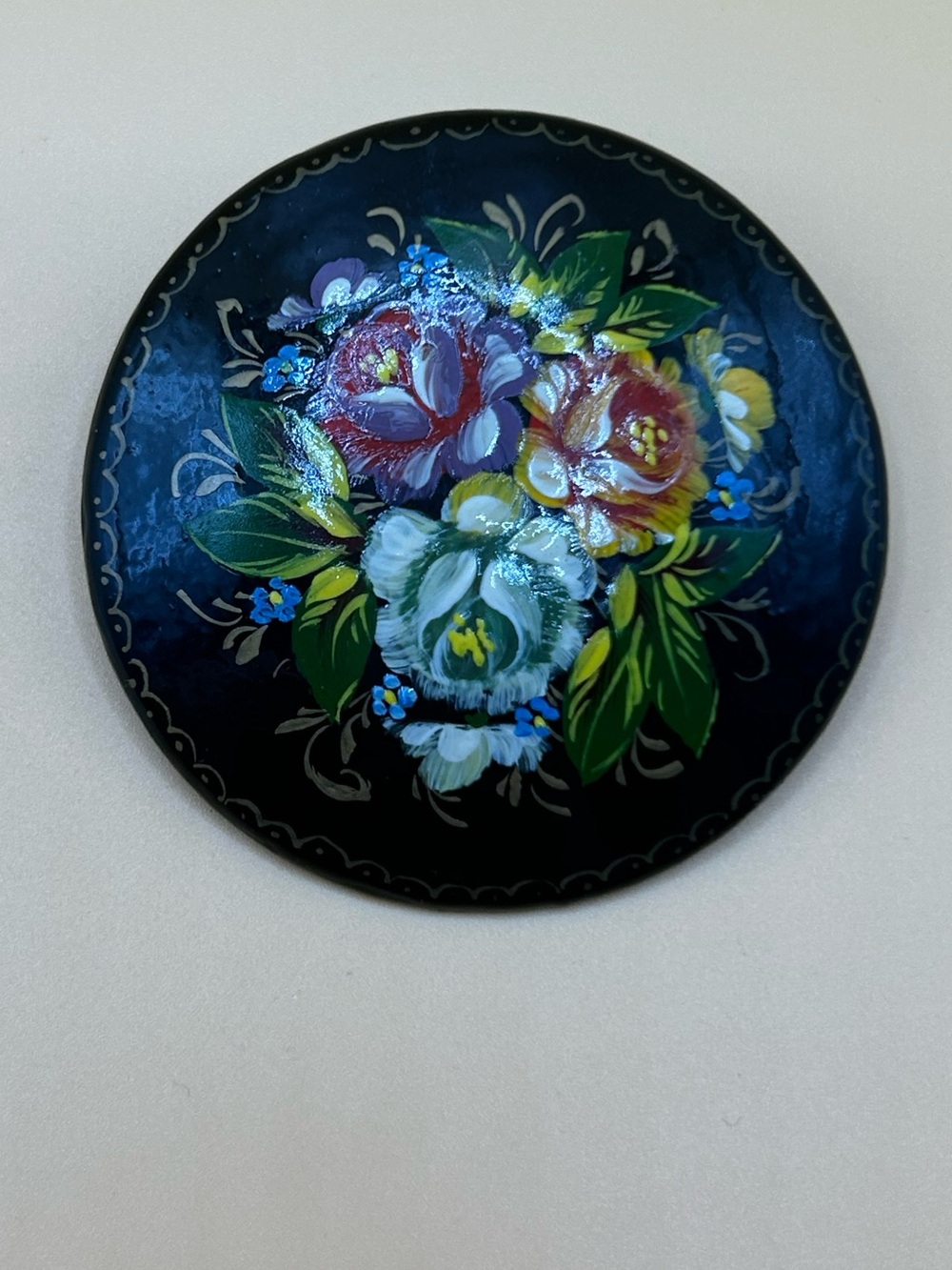 Russian Hand-Painted Floral Black brooch